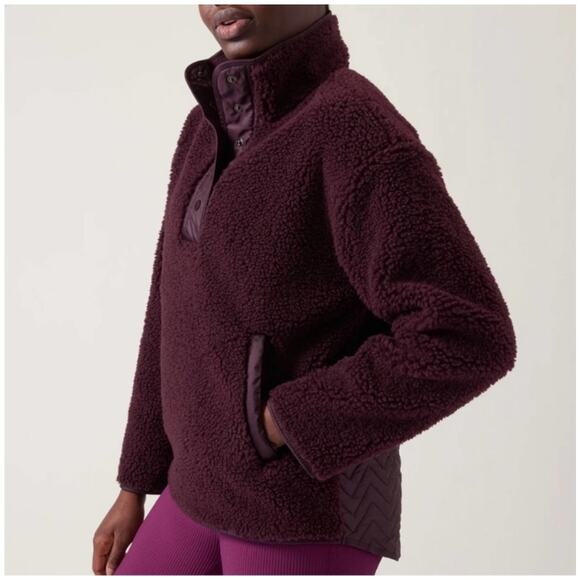 Athleta Pullover Womens XS Burgundy Cozy Sherpa Fleece Quilted Snap Warm Pockets - Picture 1 of 11